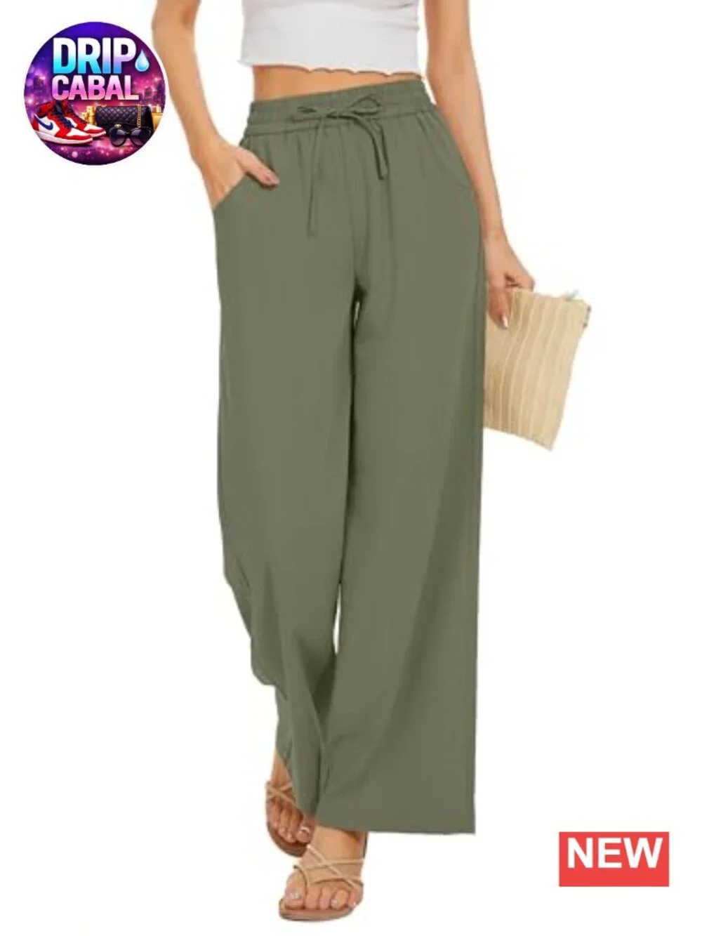 Flowy Wide Leg Palazzo Pants Drawstring Waist Pockets Loose Fit